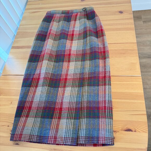 Vintage Talbots 100% Wool Plaid Midi Wrap Skirt Red Grey Librarian Modest 6 - Picture 4 of 10